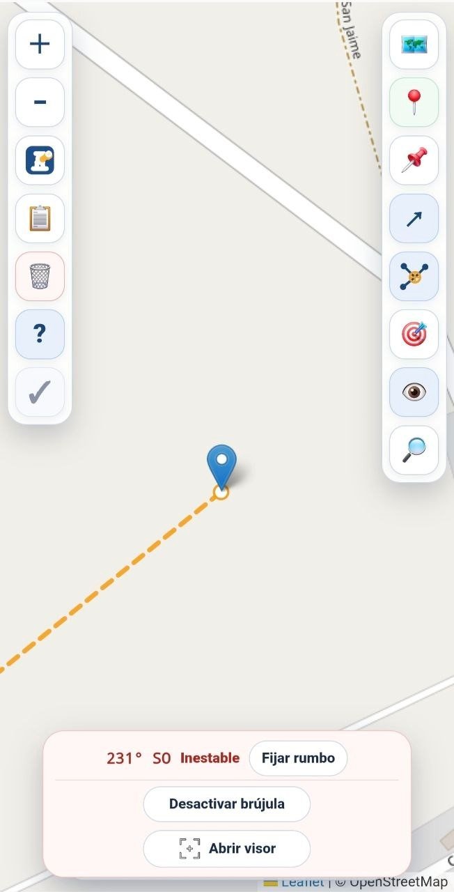 Brújula activa desde la posición GPS con línea dinámica y controles inferiores
