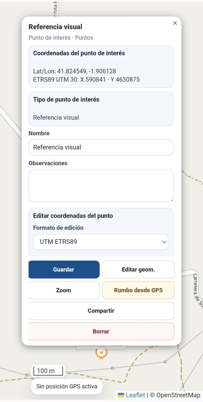 Parte superior del popup de un punto de interés con coordenadas, nombre y opciones de edición