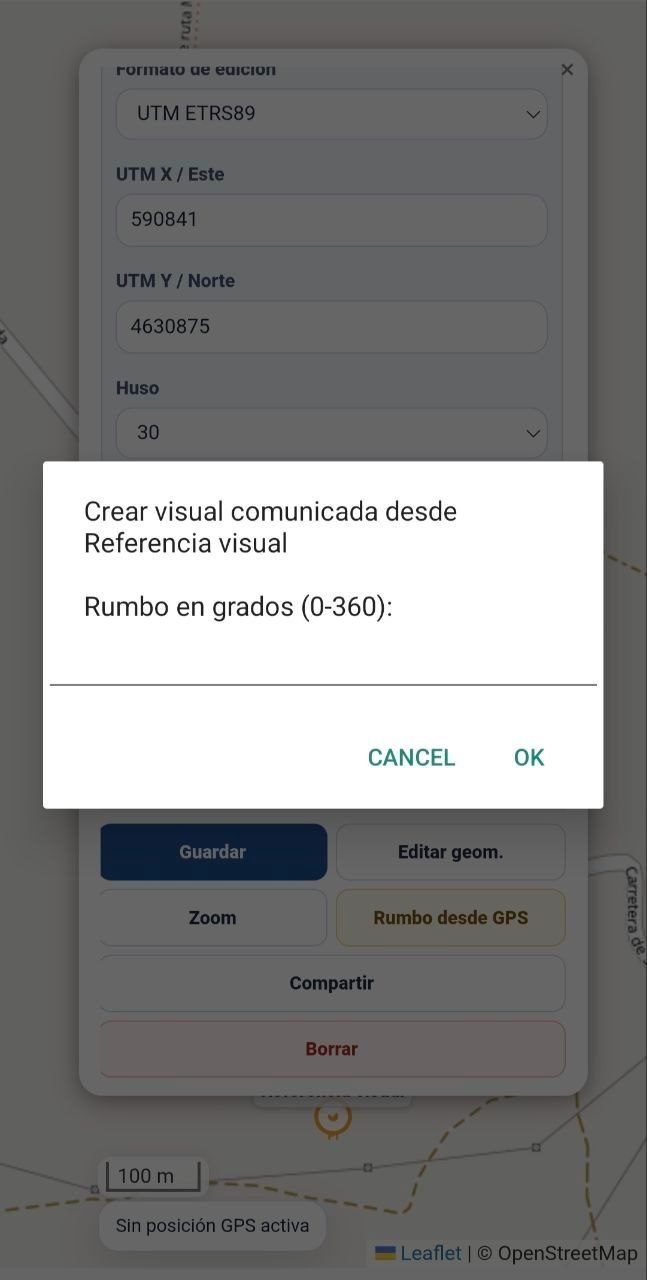 Cuadro para introducir el rumbo de una visual comunicada desde un punto de interés