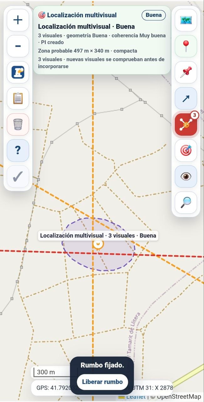 Mapa con una localización multivisual, varias líneas de visual y una zona aproximada alrededor del punto calculado