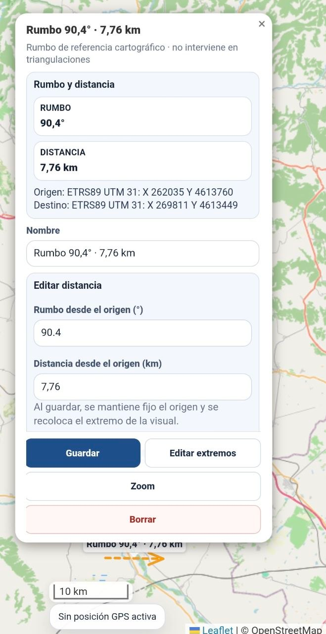Popup de un rumbo cartográfico entre dos puntos del mapa con sus valores de rumbo y distancia