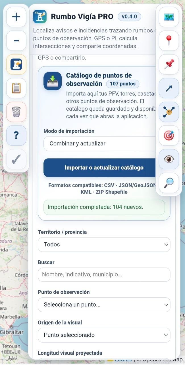 Panel del catálogo de puntos de observación con opciones de importación, filtros y selector de punto