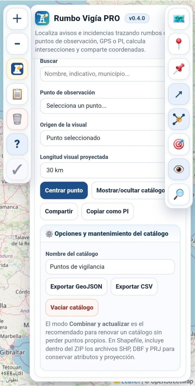 Parte inferior del catálogo con acciones del punto seleccionado y opciones de mantenimiento